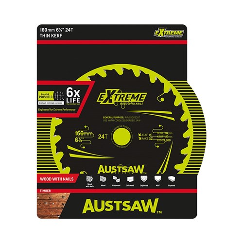 Austsaw Extreme: Wood with Nails Blade 160mm x 20/16 Bore x 24 T Thin Kerf