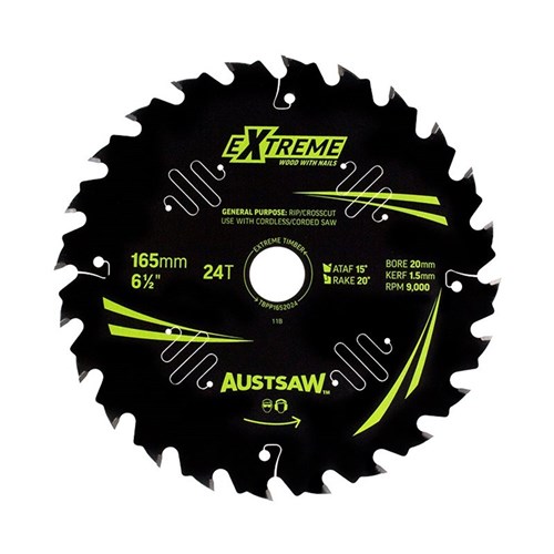 Austsaw Extreme: Wood with Nails Blade 165mm x 20Bore x 24 T Thin Kerf Bulk 20pcs