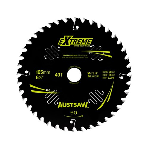 Austsaw Extreme: Wood with Nails Blade 165mm x 20/16 Bore x 40 T Thin Kerf