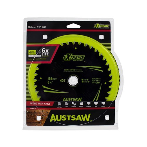 Austsaw Extreme: Wood with Nails Blade 165mm x 20/16 Bore x 40 T Thin Kerf