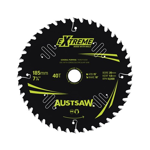 Austsaw Extreme: Wood with Nails Blade 185mm x 20/16 Bore x 40 T Thin Kerf