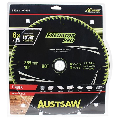 Austsaw Extreme: Wood with Nails Blade 255mm x 30 Bore x 80 T Table Saw