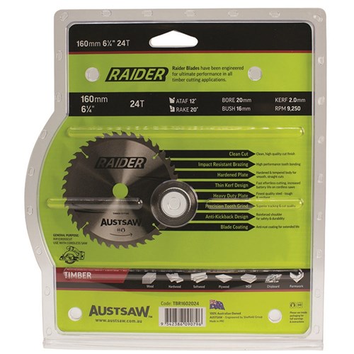 Austsaw Raider Timber Blade 160mm x 20/16 Bore x 24 T Thin Kerf