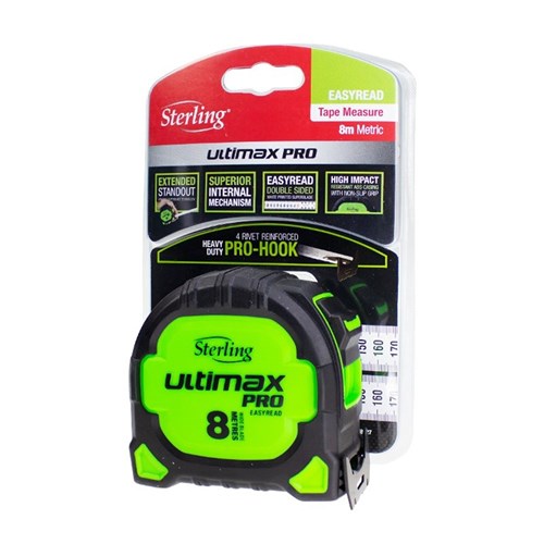 Sterling Ultimax Pro Tape Measure Easyread: 8m Metric Steel Hook Non Magnetic