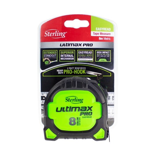 Sterling Ultimax Pro Tape Measure Easyread: 8m Metric Steel Hook Non Magnetic