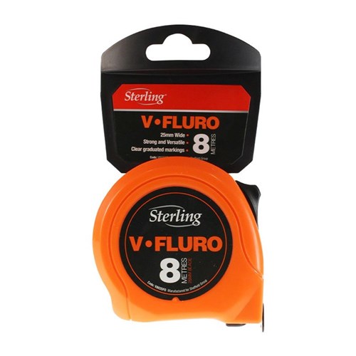 8m x 25mm V-Force Fluro Measuring Tape - Safety Orange